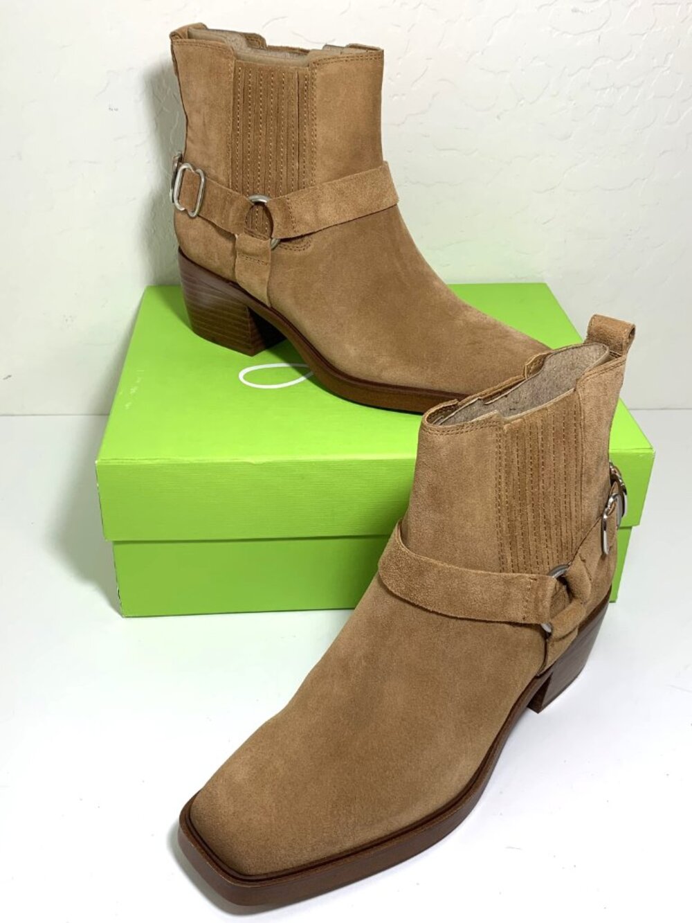 Sam Edelman Bellamie Harness Boots Suede Western Booties Camel Size 8 NEW